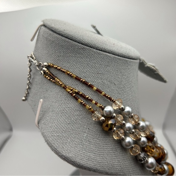 Silver Faux Pearl & Brown Leaf Filigree Painted Beaded Multilayered Necklace - Picture 6 of 8